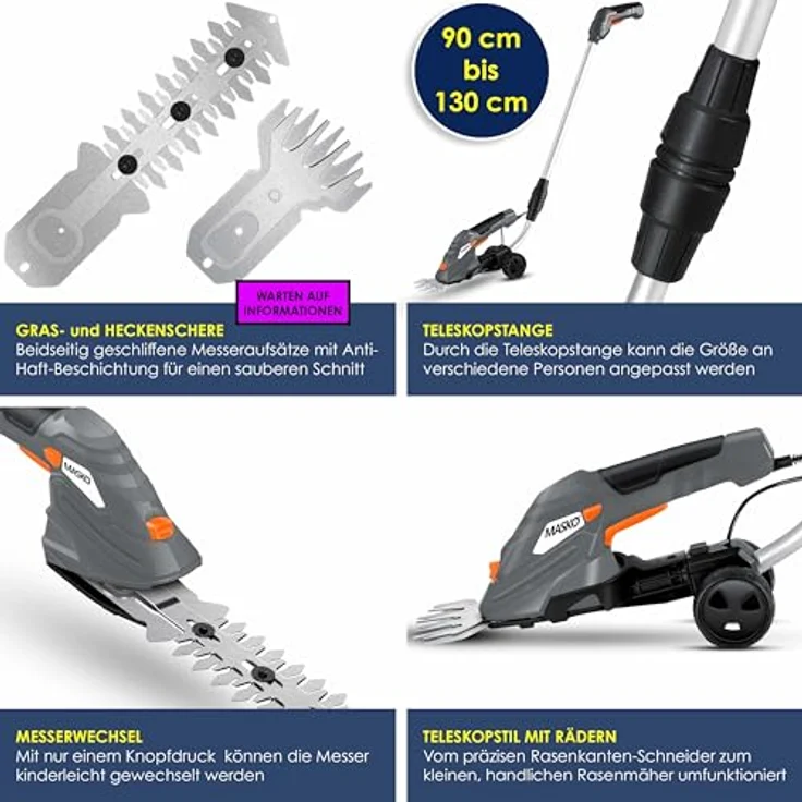 MASKO Grasschere Strauchschere Set mit Akku 7,2V 2000mA-h + Ladegerät - elektrische Garten Heckenschere Rasenschere Inkl. Grasmesser + Strauchmesser inkl. Teleskopstange 90-130 cm mit Rädern Grau - Preisvergleich – Bild 4