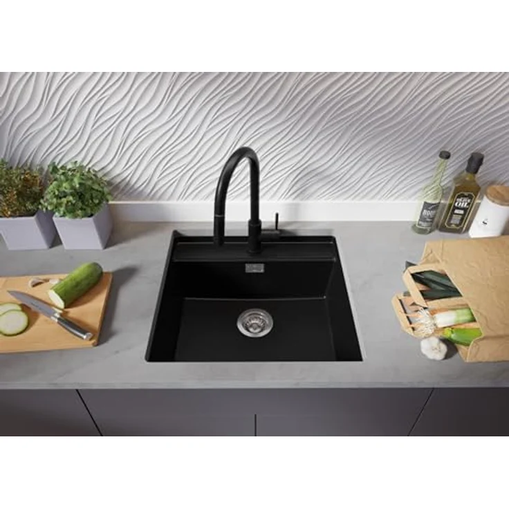 Primagran Unterbauspüle Granit Alles Schwarz 56x53cm, 1 Becken + Ablauf-Set + Schneidebrett, ab 60er Unterschrank - Bergen Low Cut – Bild 3