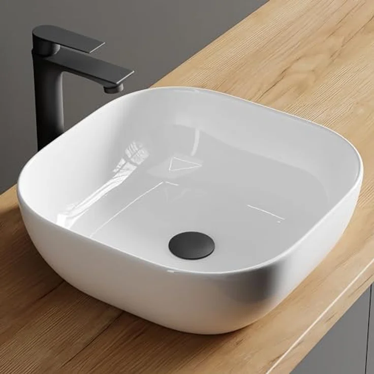 Planetmöbel Aufsatzwaschbecken Aquil, Keramik Waschbecken 42 cm, quadratisch, ohne Hahnloch und Überlauf, weiß – Bild 1