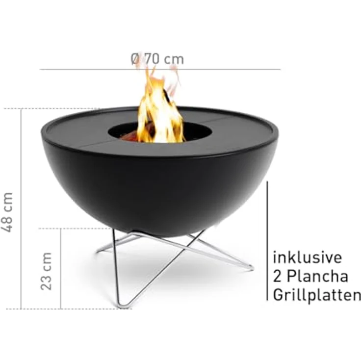 höfats Bowl 70 Plancha Set tief - raucharme Verbrennung - Feuerstelle und Plancha Grill - kippbarer Feuerkorb inkl. 2 Plancha Grillplatten - Stahl emailliert, schwarz Ø 70 cm – Bild 2