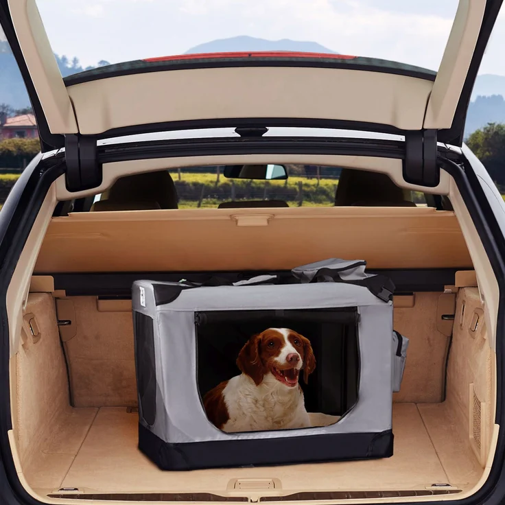 Juskys Hundetransportbox Lassie L (grau) faltbar - 50 x 70 x 52 cm - Reisebox mit Decke, Tasche & Griffen – Stoff Transportbox für Hunde – Bild 2