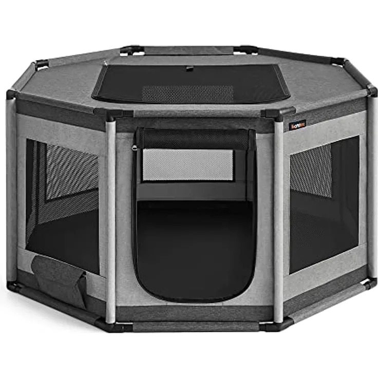 Feandrea Welpenauslauf Oxford-Gewebe, achteckiger Welpenlaufstall L, 112 x 112 x 62 cm, PVC-Rahmen, atmungsaktives Netz, Tasche, Taubengrau-schiefergrau