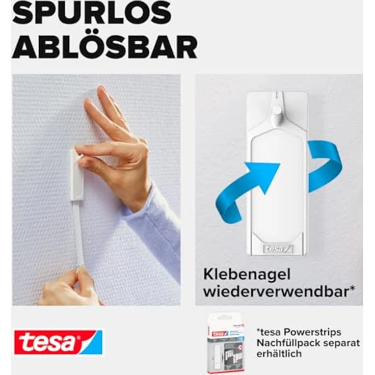 tesa Klebenagel für Tapeten und Putz - Selbstklebende Nägel für empfindliche Oberflächen - Leicht anzubringen und zu entfernen - rückstandslos - 2 x 1kg Halteleistung – Bild 6