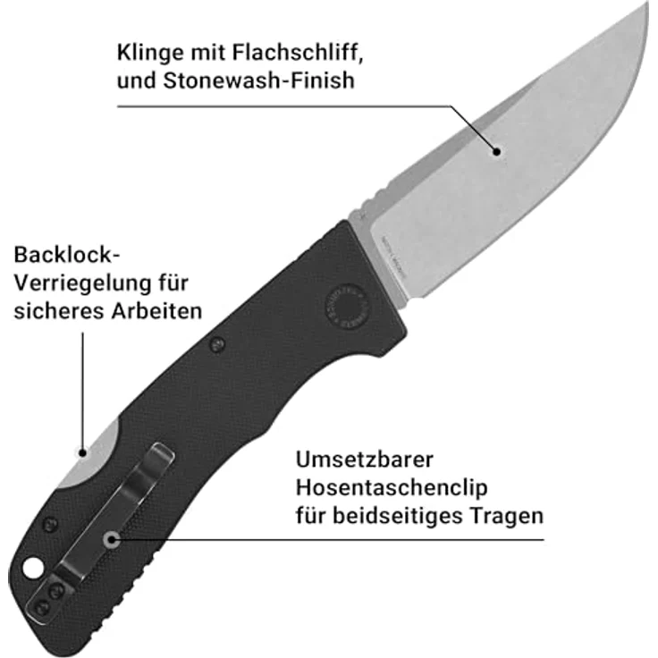 SCHNITZEL KVAR – Outdoor Taschenmesser - Sandvik 14C28N Schwedenstahl - G-10 Griffschalen - Bushcraft Klappmesser - EDC Messer Freizeitmesser Erwachsene - §42A Konform (Schwarz, Stonewashed) – Bild 3