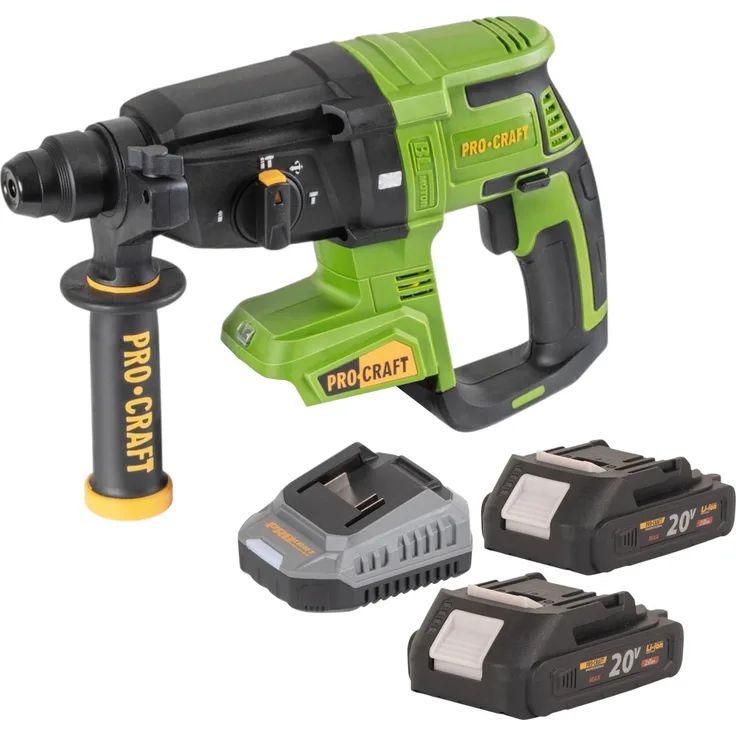 Procraft PHA40bb Akku Bohrhammer 20 V, 2,6 J SDS plus Brushless mit 2x 2,0 Ah Akku und Ladegerät