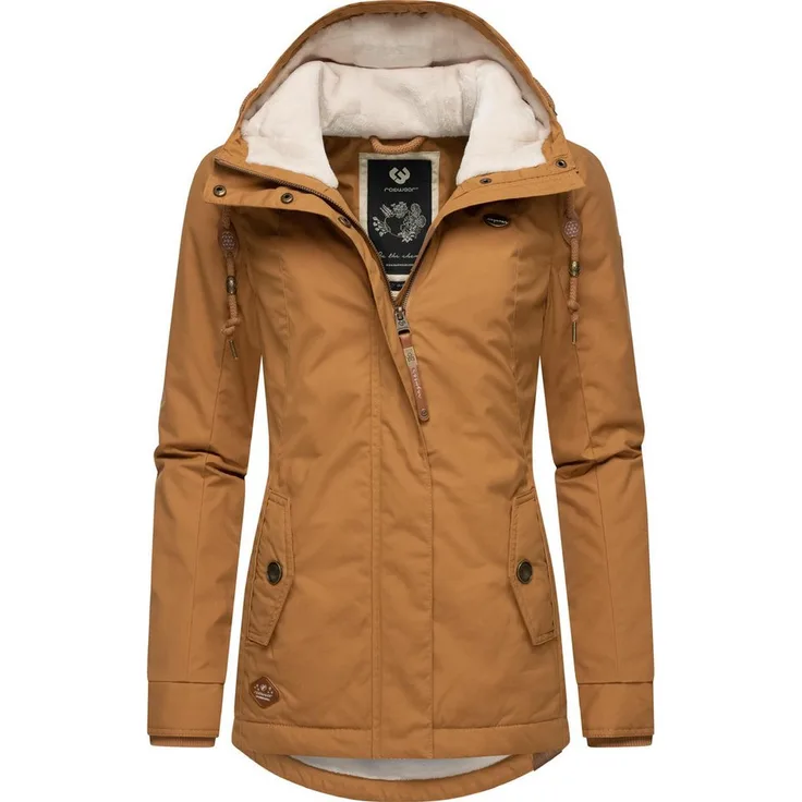 Ragwear Winterjacke Monade Damen Winterparka mit Kapuze und m. Fleece gefüttert, taillierter Schnitt, wasserabweisend (Schwarz)