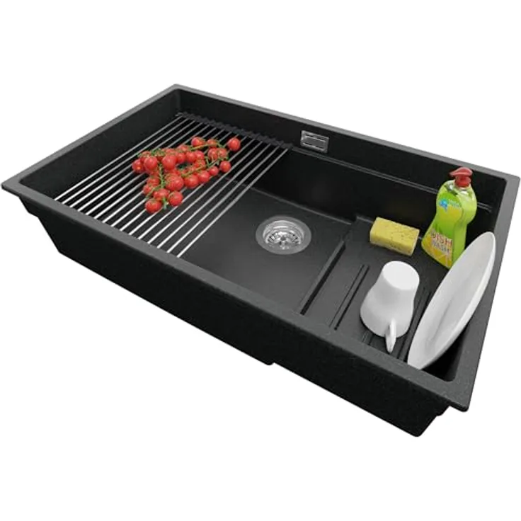Primagran Unterbauspüle Granit Anthrazit 76x47cm, 1 Becken mit XXL Abmessungen und Step-System