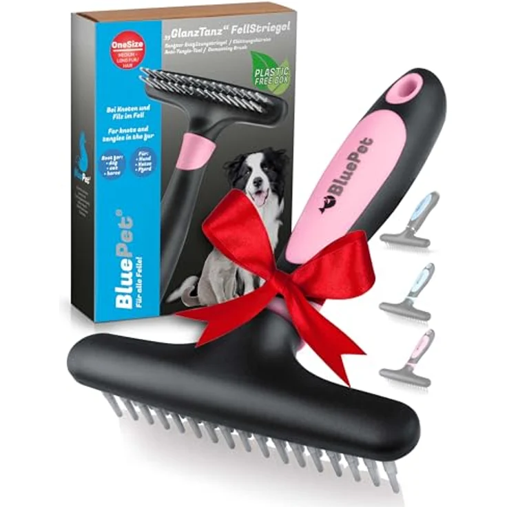 BluePet GlanzTanz Fellentwirrer Entfilzer für Langhaar Hunde und Katzen - Hochwertiger Hundestriegel mit zwei Reihen Pins - Löst Knoten & Verfilzungen - Glättet & Entwirrt das Deckhaar (Rosa) – Bild 1