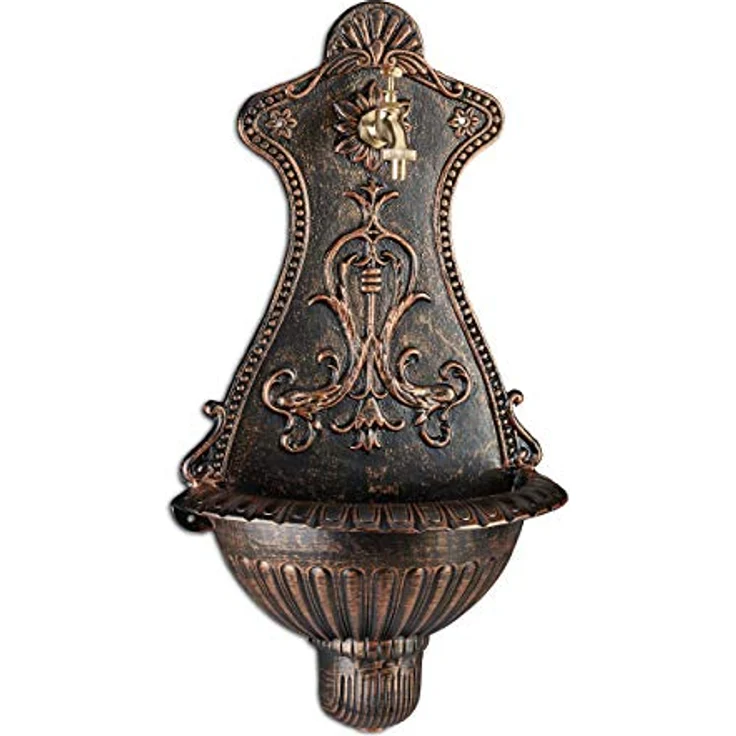 relaxdays Gartenbrunnen Wandbrunnen Antik, nostalgisches Metallbecken mit Wasserhahn, bronze/gold, H 66 cm, DIY Montage – Bild 1