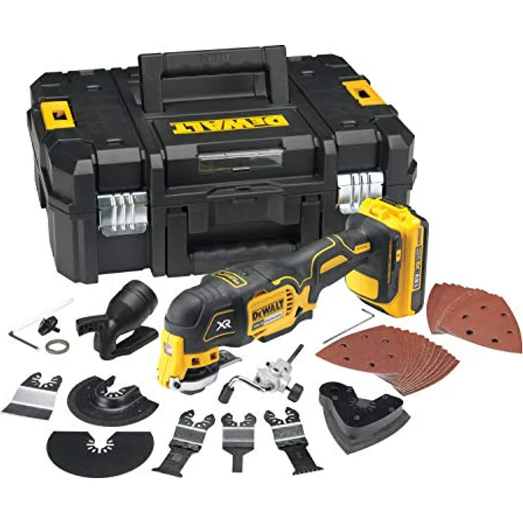 DeWalt Multi-Tool- Multifunktionswerkzeug 18 Volt, 2,0 Ah Akku, bürstenlos, LED-Arbeitslampe, Airlock-System, inkl. 35-teiliges Zubehör-Set, 2 Akkus, Schnell-Ladegerät und TSTAK Box II DCS355D2 – Bild 2