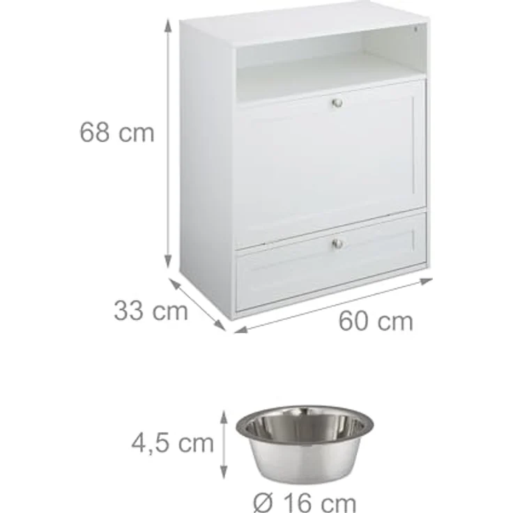 Relaxdays Futterschrank Hund, Schublade mit 2 Fressnäpfen, Kippfach, MDF, weiß – Bild 4