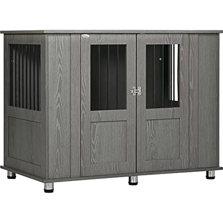 PawHut Hundekäfig für Zuhause, Haustierkäfig, Hundehütte Indoor mit Schloss, Magnettür, Hundehaus mit Fenster, Hundebox für extra große Hunde, Grau, 116 x 60 x 87 cm – Bild 1