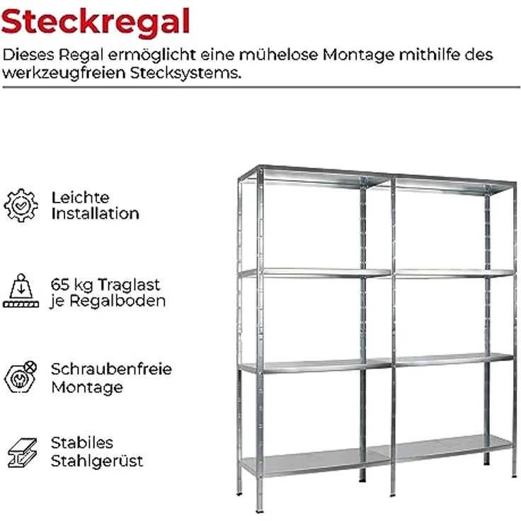 Schulte Regalwelt 2er Set Lagerregal mit 8 PowerMAX-Fachböden, 180x160x40cm Regalsystem, Steckregal mit einfacher Montage ohne Verschrauben, Traglast je Boden bis zu 65 Kg (bis zu 520 Kg gesamt) – Bild 5