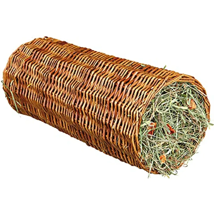 TRIXIE 60776 Weidentunnel mit Heu/Karotte, ø 15 × 33 cm, 110 g, Tierspielzeug mit natürlichen Fressanreizen und handlichem Format, braun