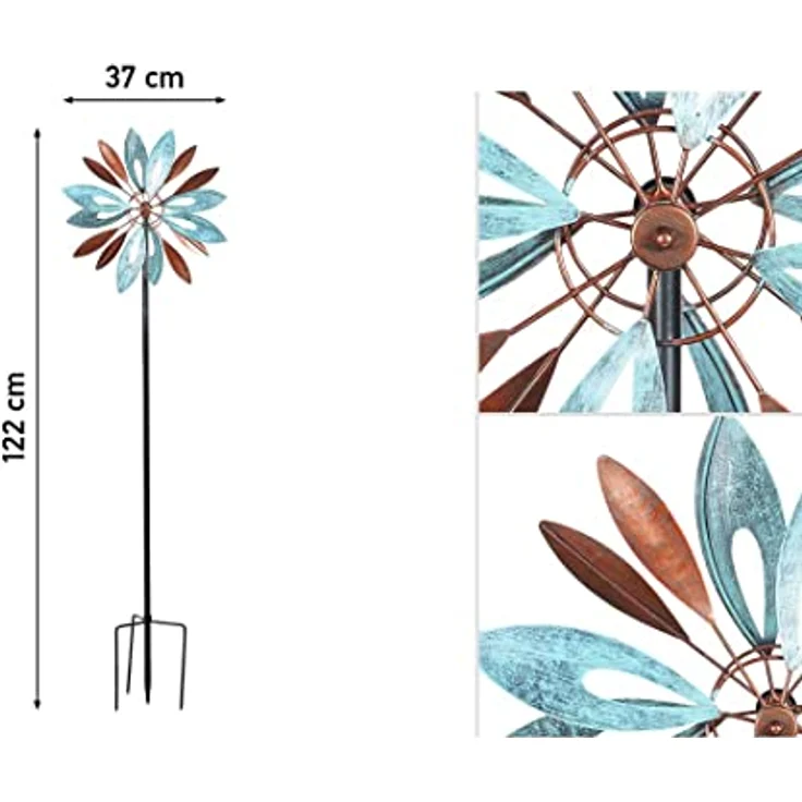 Kinetic Art Copper Flower Duett, Metall Windspiel mit kugelgelagertem Windrad, Solarpanel und LED, wetterfest mit stabilen Bodenankern für Garten und Terrasse – Bild 2