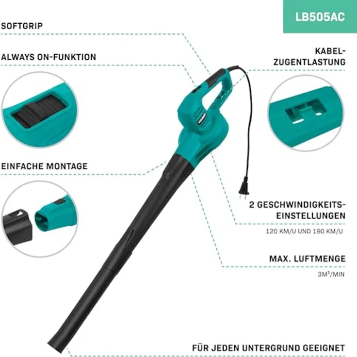 VONROC Laubbläser 650W, leistungsstarker Laubbläser mit zwei Geschwindigkeitsstufen bis 190 km/h, ergonomisches Design – Bild 2