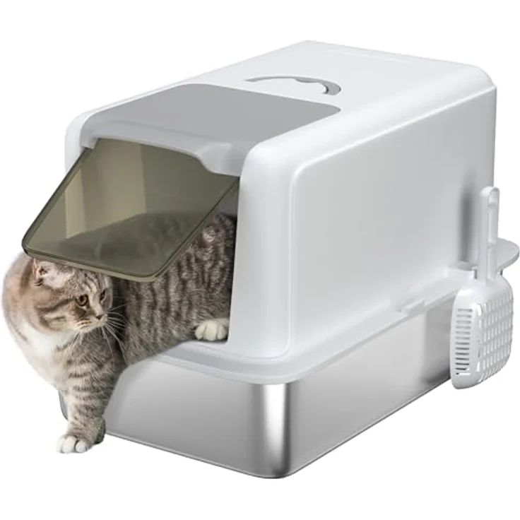 PawHut Katzenklo, Katzentoilette mit Deckel, Edelstahlwanne, Streufilter, Streuschaufel, bis 6 kg, Weiß – Bild 1