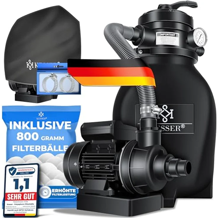 KESSER Sandfilter Sandfilteranlage + 700g Filterbälle ersetzen 25kg Filtersand- Poolfilter 10 m³-h Filteranlage Filterkessel für Pool Schwimmbecken 4-Wege Ventil , einfache Steuerung Schwarz – Bild 2