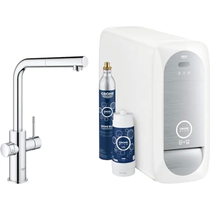 Grohe Blue Home Starterkit, Spültischarmatur mit L-Auslauf, herausziehbar, Edelstahl-Chrom, App-Steuerung, 3L/h sprudelndes Wasser
