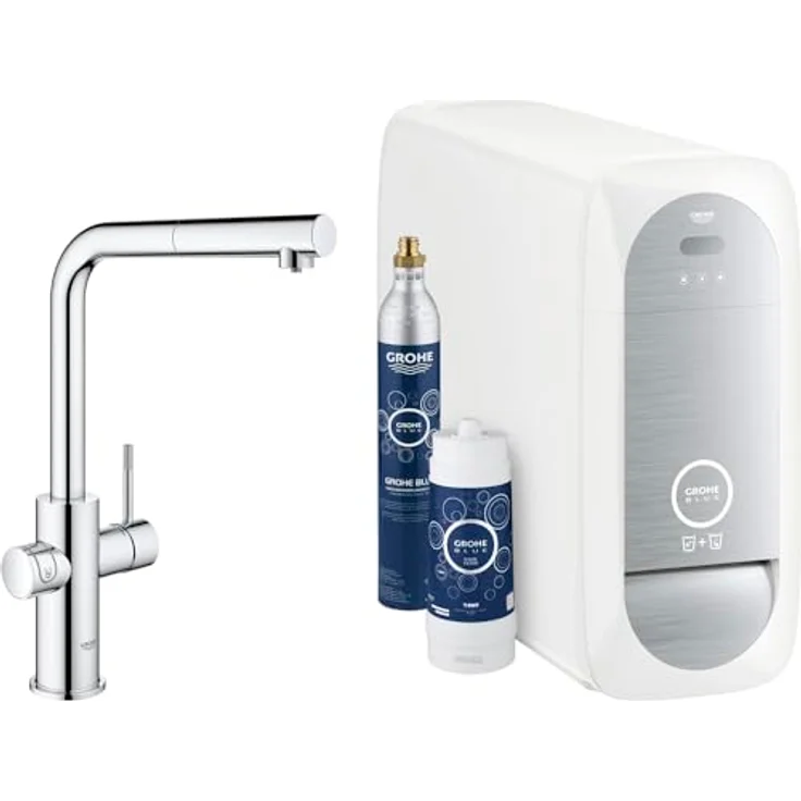 Grohe Blue Home Starterkit, Spültischarmatur mit L-Auslauf, herausziehbar, Edelstahl-Chrom, App-Steuerung, 3L/h sprudelndes Wasser – Bild 1