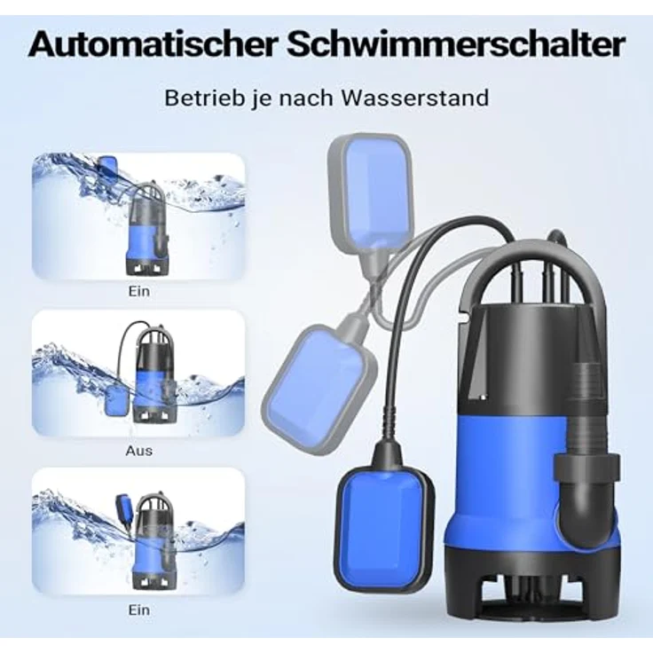 Wiltec Schmutzwasserpumpe 750 W 12500 l/h Tauchpumpe Gartenpumpe Brunnenpumpe Entwässerungspumpe, robustes Kunststoffgehäuse, bis zu 35 mm Fremdkörpergröße, kompaktes Design, Universalanschluss – Bild 5