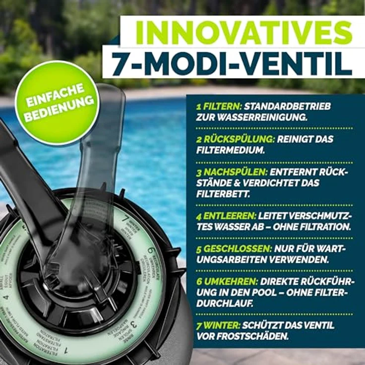 tillvex Sandfilteranlage 13.200L/h, selbstansaugend mit 1200g Filterbällen, 7-Wege Ventil und 2-in-1 Adapter Ø32-38mm für Pools bis 40.000L – Bild 3