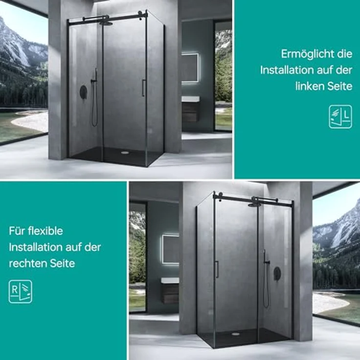Mai & Mai Eckdusche Duschkabine Softclose Schiebetür H:195cm ESG NANO Rav19, BxT: 100x75 cm, Klarglas / Schwarz – Bild 8
