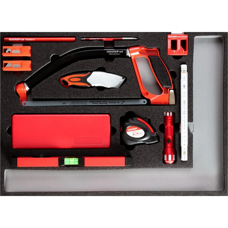 Gedore Red Werkzeugkoffer R22350004, Werkzeugsatz mit Messwerkzeugen und Schneidwerkzeugen, inkl. Multisäge, digitalem Messschieber, Profi-Cuttermesser und LED-Taschenlampe