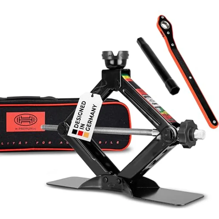 HEYNER® MultiLift M Black, Scherenwagenheber 1,5 t mit Ratsche, 360° drehbarer Gummiauflage, extra großem Standfuß, inkl. 17er Nuss und Tasche, TÜV GS-geprüft