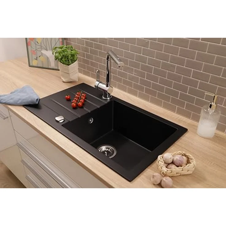 Respekta Almonto Küchenspüle Einbauspüle Granit Massiv 76 x 43 cm, Schwarz, lebensmittelecht, hitzebeständig, kratz- und stoßfest – Bild 4