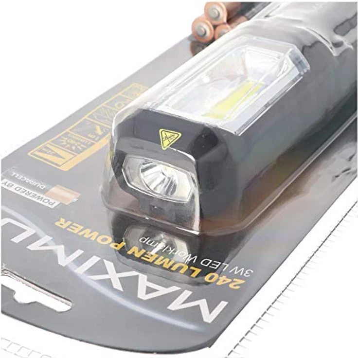 Maximus Arbeitlampe M-WKL-012-DU, LED COB Handlampe mit 240/60 Lumen, 90° drehbar, stoßfest und spritzwassergeschützt, inkl. 3xAA Batterien – Bild 5