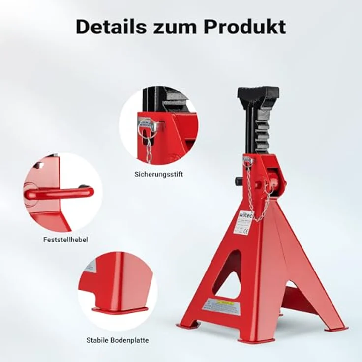 Wiltec, Wagenheber Unterstellbock Set, 2er Set mit maximaler Traglast von 12 Tonnen, höhenverstellbar von 49 cm bis 75 cm, rutschfeste Gummiauflage – Bild 3