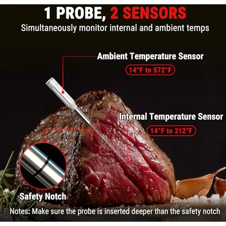 ThermoPro TempSpike TP961, Kabelloses Fleischthermometer mit Bluetooth, IP67, 150m Reichweite, 2 Temperatursensoren, Spülmaschinenfest – Bild 4