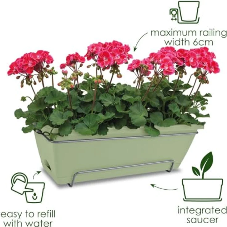 elho Barcelona Allin1 50 Übertopf für Balkon, 100% recyceltes Plastik, Ø 49.5 x H 18.5 cm, integrierter Untersetzer, Grün/Pistazien Grün – Bild 2