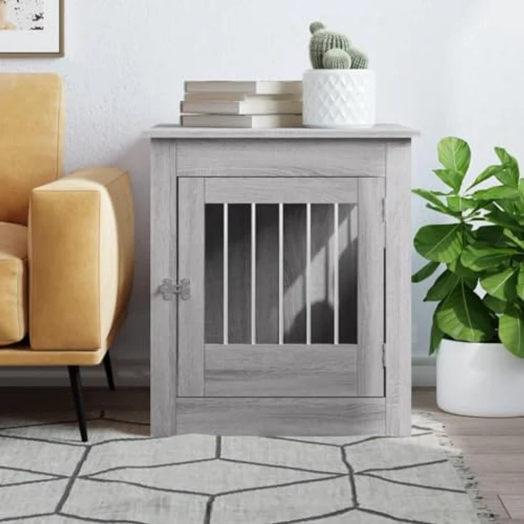 vidaXL Hundekäfig im Möbelstil, Abschließbar Hundebox mit Tür, Hundehütte Beistelltisch 2-in-1-Funktion, Grau Sonoma Holzwerkstoff 64,5x80x71cm – Bild 3