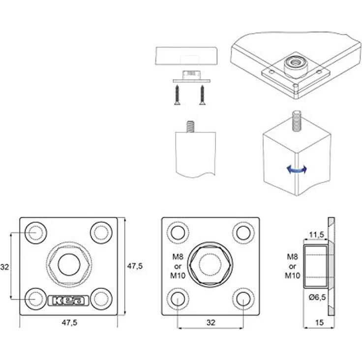 Tischbeinverbinder KEA eckig 47,5 x 47,5 mm für M10 Gewindeschraube Tischbeschlag Möbelfuß-Befestigungsplatte von SO-TECH® – Bild 4