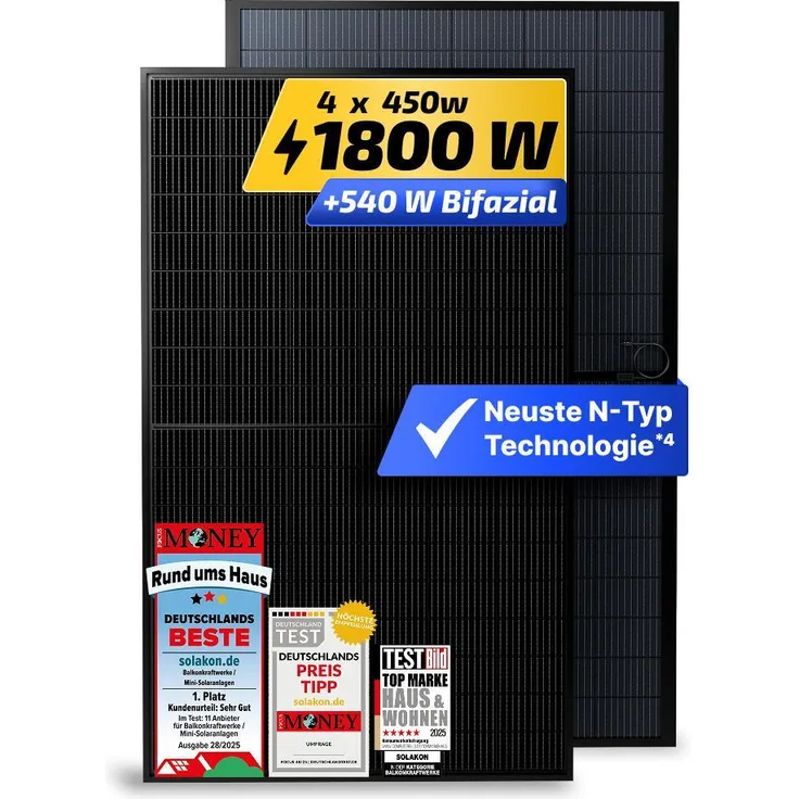Solakon Solarmodul 450W, N-Type bifaziales monokristallines Glas-Glas Solarpanel für Balkonkraftwerk, 40V Photovoltaik, 4 Stück, erhöhten Ertrag durch Albedo-Reflexion