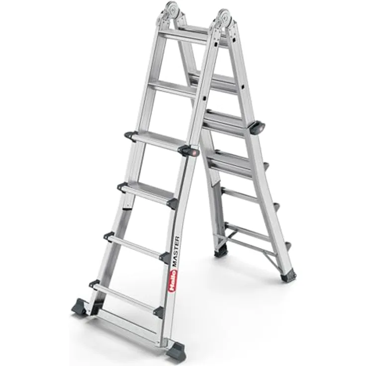 Hailo Master M100 Aluminium-Multifunktions-Stufenleiter, 4 x 4 Stufen, Anlege-, Schiebe- und Stehleiter, belastbar bis 150 kg, Silber