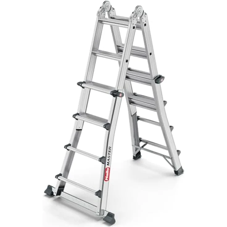 Hailo Master M100 Aluminium-Multifunktions-Stufenleiter, 4 x 4 Stufen, Anlege-, Schiebe- und Stehleiter, belastbar bis 150 kg, Silber – Bild 1