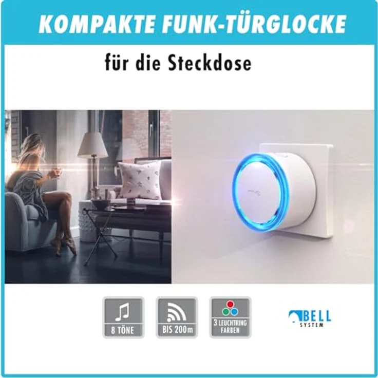 m-e Funkklingel BELL-572, Erweiterbare kabellose Türklingel mit Edelstahl gebürstet, 200m Reichweite, für 2-Familienhaus, 16 Klingeltöne, spritzwassergeschützt IP44 – Bild 2