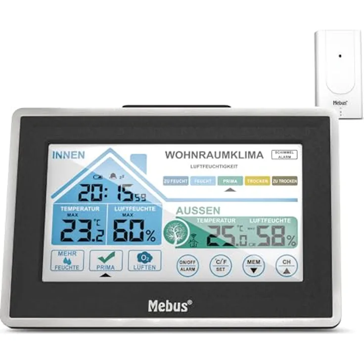 Mebus Wetterstation 01026, funkgesteuerte Wetterstation mit Außensensor, Touch Display, Thermometer/Hygrometer, Wohlfühlindikator, Wecker, Silber-Schwarz