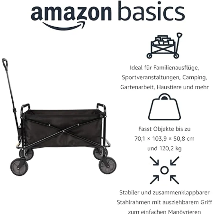 Amazon Basics Zusammenklappbarer Bollerwagen, faltbar mit Abdeckung, 120 kg Tragkraft, Schwarz – Bild 2
