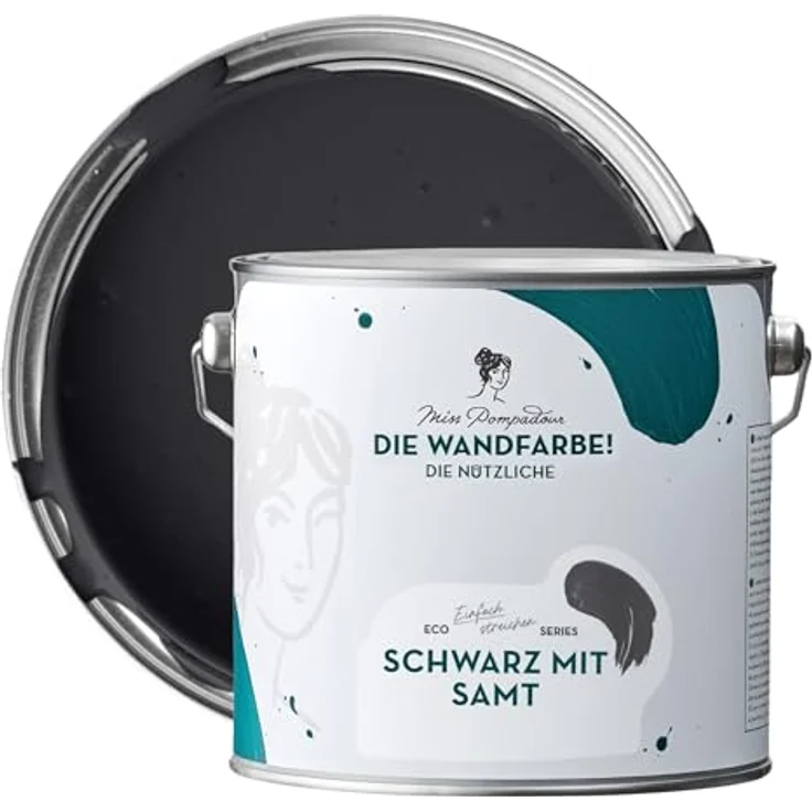 MissPompadour Wandfarbe Schwarz mit Samt, abwaschbare, scheuerbeständige Wandfarbe mit hoher Deckkraft, 2,5 L, wasserbasiert – Bild 1