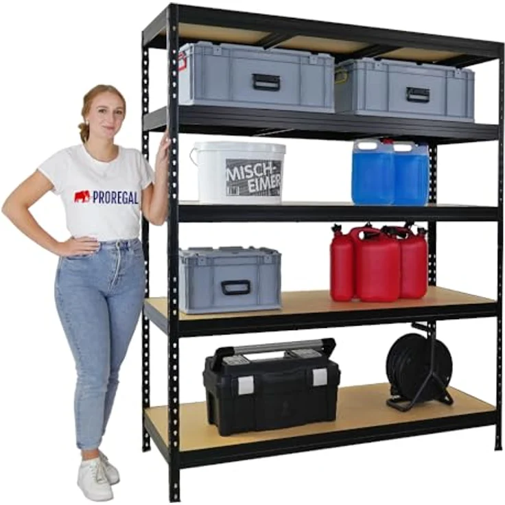 Proregal Schwerlastregal Rivet, 180 x 150 x 60 cm, 5 Böden, Traglast 250 kg pro Boden, Steckmontage, Schwarz – Bild 6