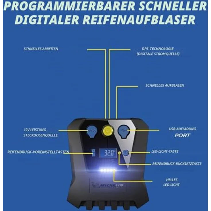 Michelin 12 V Kompressor, Luftkompressor mit programmierbarer Druckeinstellung und 16 l Tankvolumen, inklusive Adapter für Spielzeug, Ball und Fahrrad – Bild 3