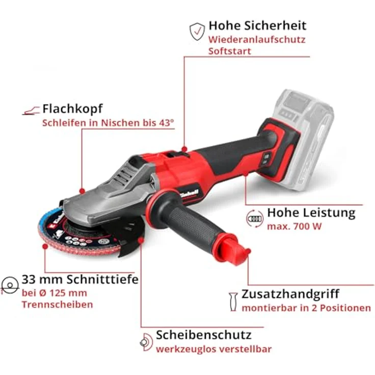 Einhell Akku-Winkelschleifer TP-AG 18/125 F Li BL-Solo, leistungsstarker Flachkopf-Winkelschleifer – Bild 3