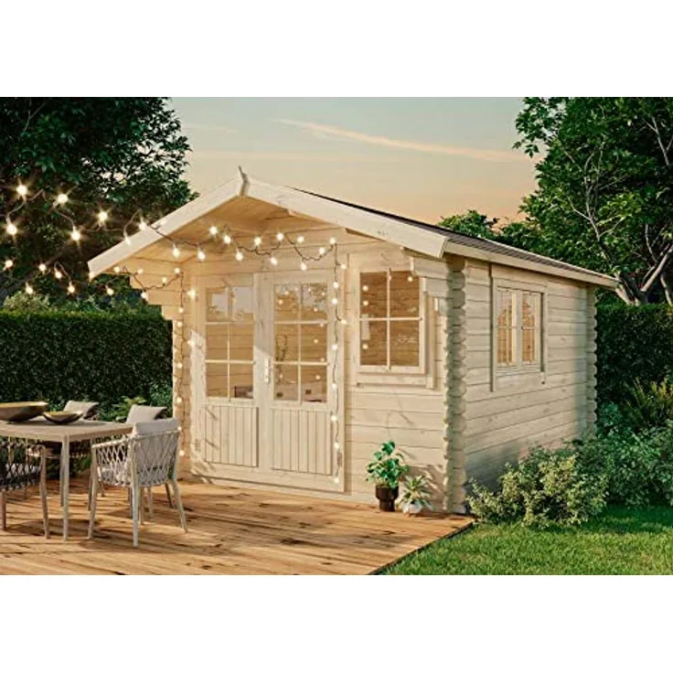Gartenhaus Gabriel-34 mit Fußboden aus Holz, Gerätehaus 300x400, 10,07 m², 34 mm Wandstärke, Holzhaus in Blockbohlen-Bauweise inkl. Fenster, Doppelfenster und Leimholztür Naturbelassen - Preisvergleich