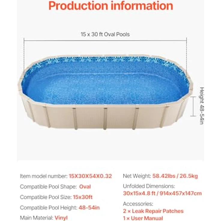 VEVOR YCNCOVAL15309D7RJV0, Ovale Schwimmbeckenauskleidung aus Vinyl, blau, kompatibel mit 4,57 m x 9,14 m Becken, langlebig und reißfest – Bild 7