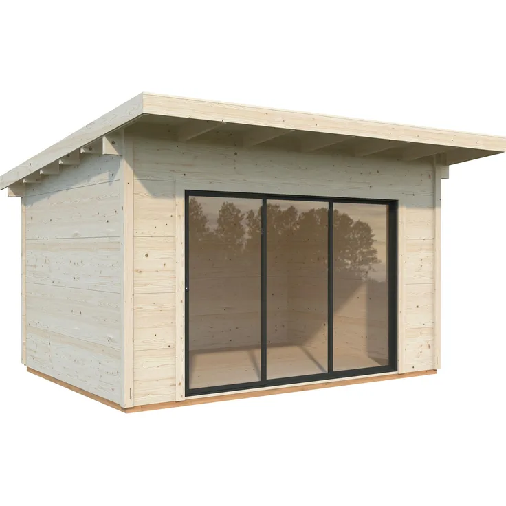 Palmako Premium-Gartenhaus Grace 11,2 m² Slide Plus, 56 mm Wandstärke, naturbelassen mit Isolierglas-Schiebetür und Vordach
