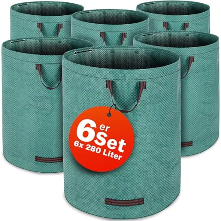 GARDEBRUK® Gartenabfallsack 6x280 Liter 50 kg Belastbarkeit doppelte Nähte 3 stabile Griffe robust abwaschbar Garten Rasensack Gartentasche Laubsack, 6er Set, Polyethylen, grün